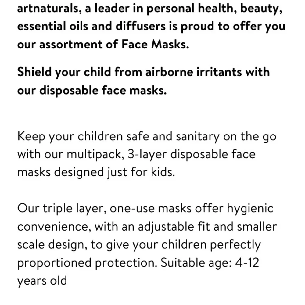 NWOT Artnaturals Disposable Kids Mask Not for Medical Use 50count.